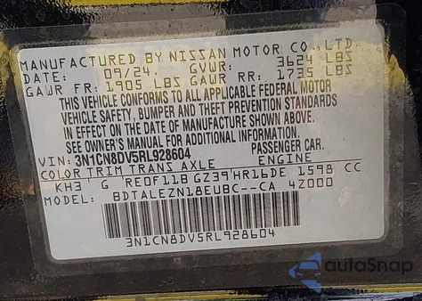 2024 Nissan Versa S from USA, damaged, VIN 3N1CN8DV5RL928604